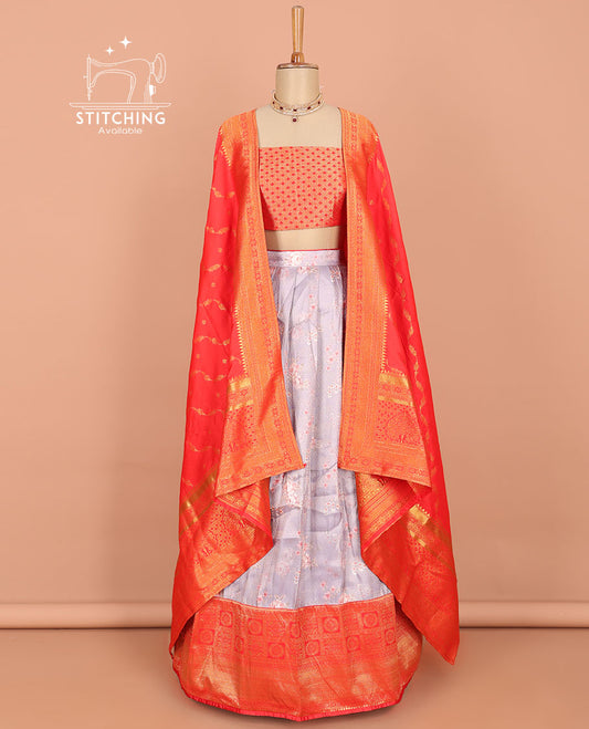 Grey floral printed art silk half saree, contrast traditional design border, jacquard blouse & intricate dhavani