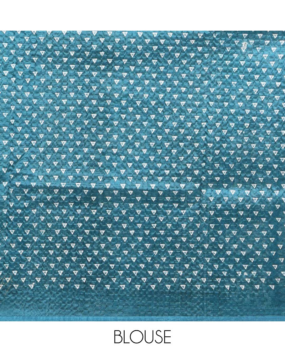 Blue batik-style triangle & floral printed litchi crushed saree,self-border,geometric print pallu & triangle motif printed blouse