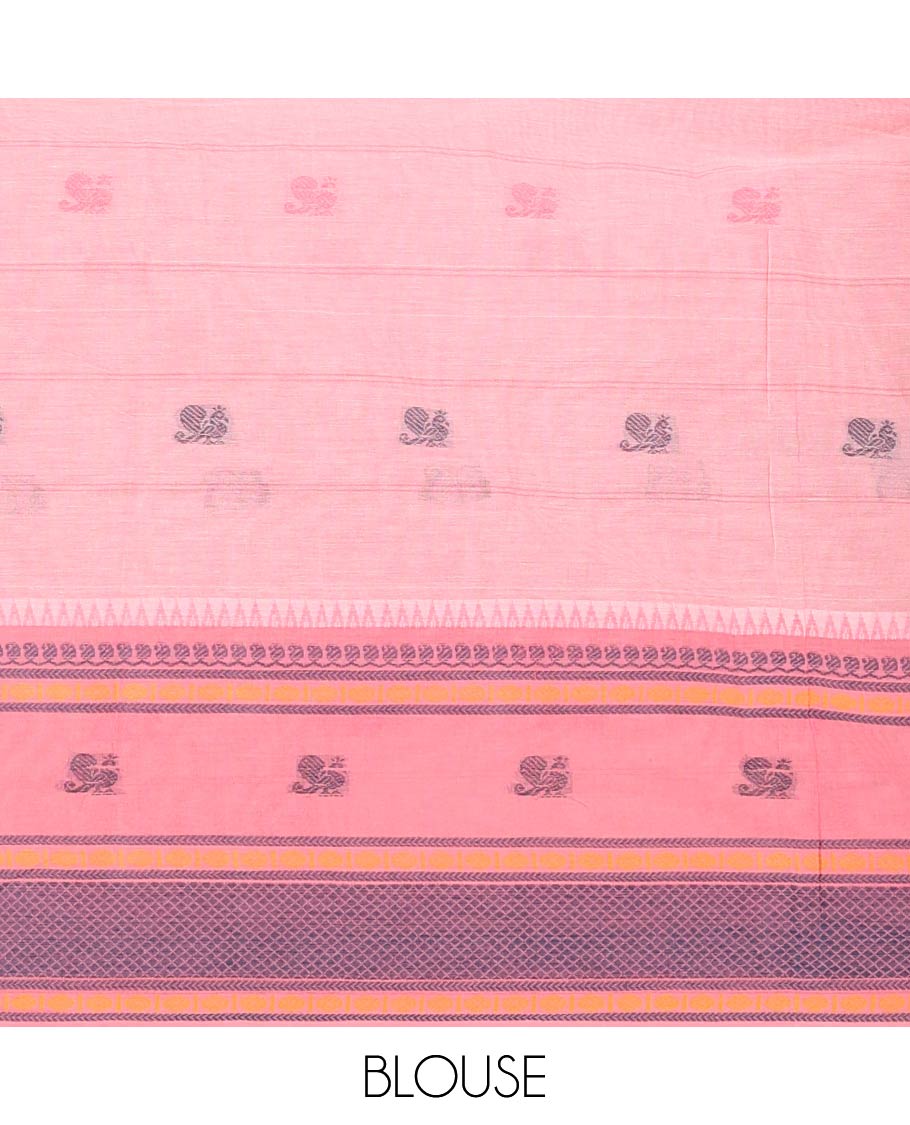 Grey Chettinad Cotton Saree, Finely Crafted with Resham Peacock Buttas Woven on Its Body, Complemented by Contrast Traditional Designs Thread Woven Border, Pallu of Stripes and Peacock Designs, and Paired with a Contrast Blouse