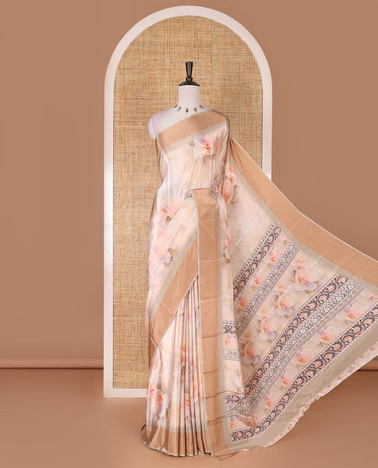 Sandal floral digitally printed Turkey crepe saree, striped border, floral printed pallu, and matching floral printed blouse