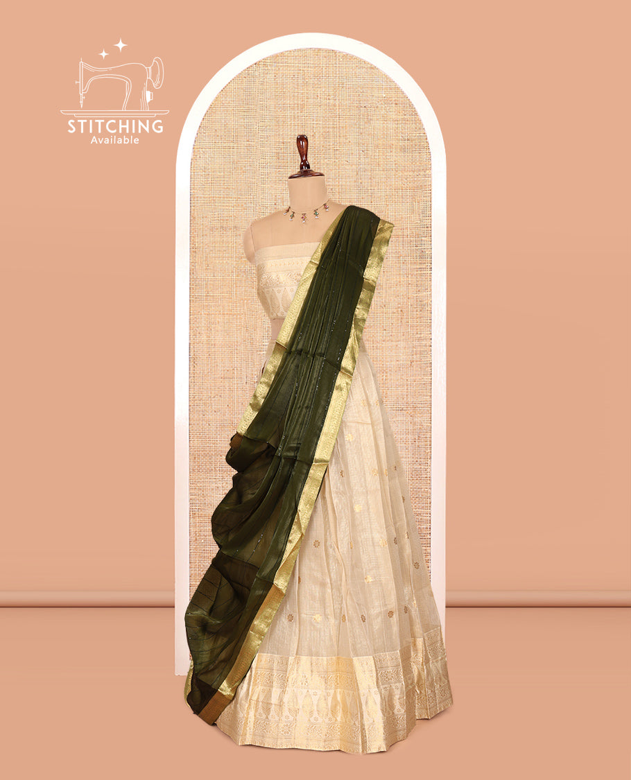 Chikku-Green Banaras Kota Half-Saree, Zari Buttas Skirt, Traditional Border, Matching Blouse, Contrast Organza Sequins Dhavani