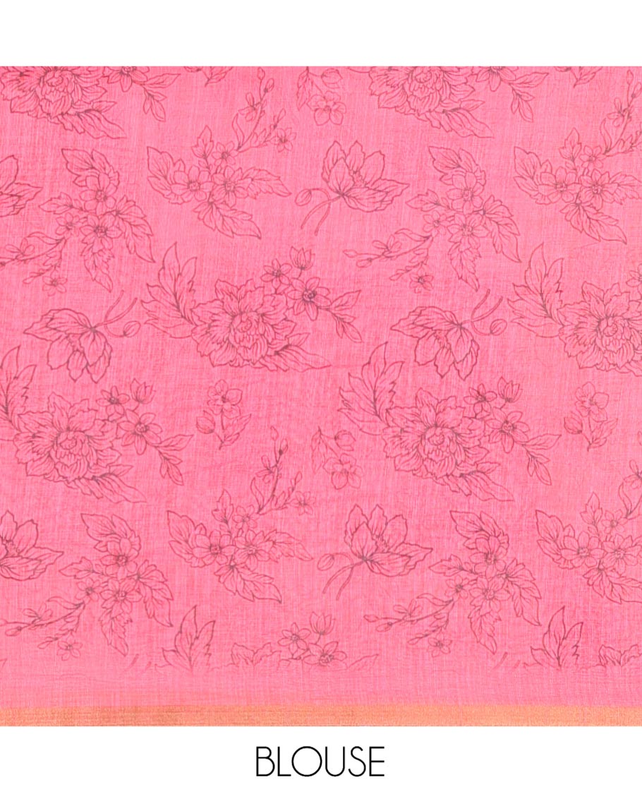 Pink Linen Cotton Saree, Beautified with Polka Dots All Over Its Body, Subtle Piping Border, Self-Pallu, and Paired with a Floral Printed Matching Blouse