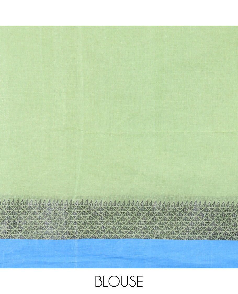 Pista Green Bengal Cotton Saree, Subtly Woven with Thread Buttas All Over Its Body, Complemented by a Contrast Border of Temple and Jaal Designs, Pallu of Stripes and Buttas, and Comes Without a Blouse