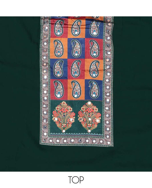Dark green chudidhar material set floral thread embroidered with mirror work top, plain bottom & floral design, mirror work dupatta