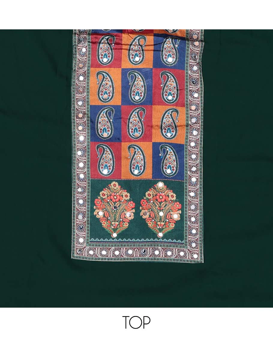 Dark green chudidhar material set floral thread embroidered with mirror work top, plain bottom & floral design, mirror work dupatta