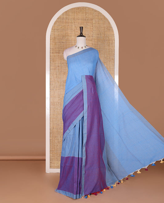 Borderless blue ombre style tri-colored plain Khadi mul cotton saree with full plain blouse
