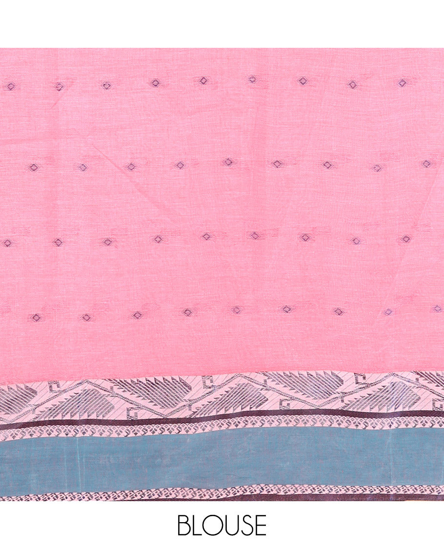 Light Pink Bengal Cotton Saree, Subtly Sparkled with Thread Buttas on Its Body, Complemented by Contrast Thread Border of Floral Creeper Designs, Pallu of Stripes and Buttas, and Paired with a Matching Blouse (Copy)