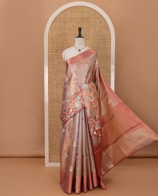 Glitter maroon floral embroidery celebrity tissue saree, floral vine multi-color thread embroidered border & embroidery pallu