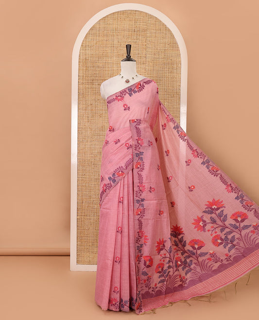 Pale pink meena buttas woven linen saree, jamdhani-style floral design woven border, floral design pallu & contrast zari butta blouse