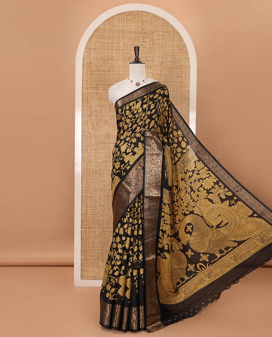 Black-yellow kalamkari floral vine & peacock printed Dola silk saree,traditional border,kalamkari print pallu & matching blouse of print & zariwork