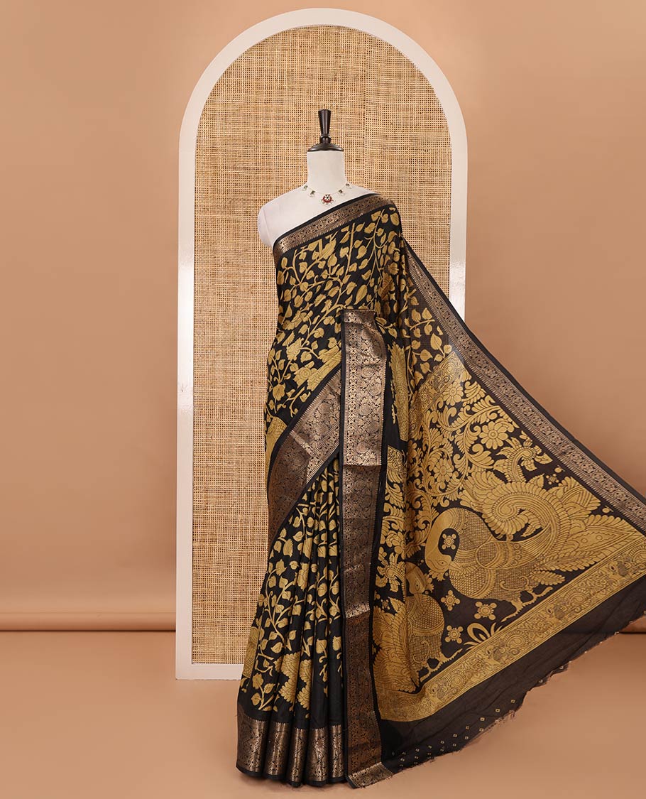 Black-yellow kalamkari floral vine & peacock printed Dola silk saree,traditional border,kalamkari print pallu & matching blouse of print & zariwork