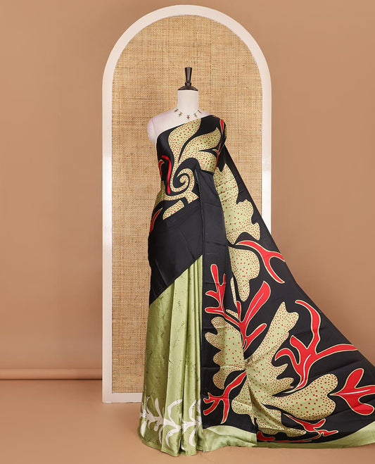 Borderless green abstract style vines batik printed Gajji silk saree, printed pallu, and plain blouse