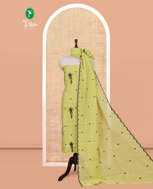 Liril Green-Blue Mul Chanderi Material Churidar Features Floral Embroidered Top, a Matching Bottom, and an Embroidered Scallop Dupatta