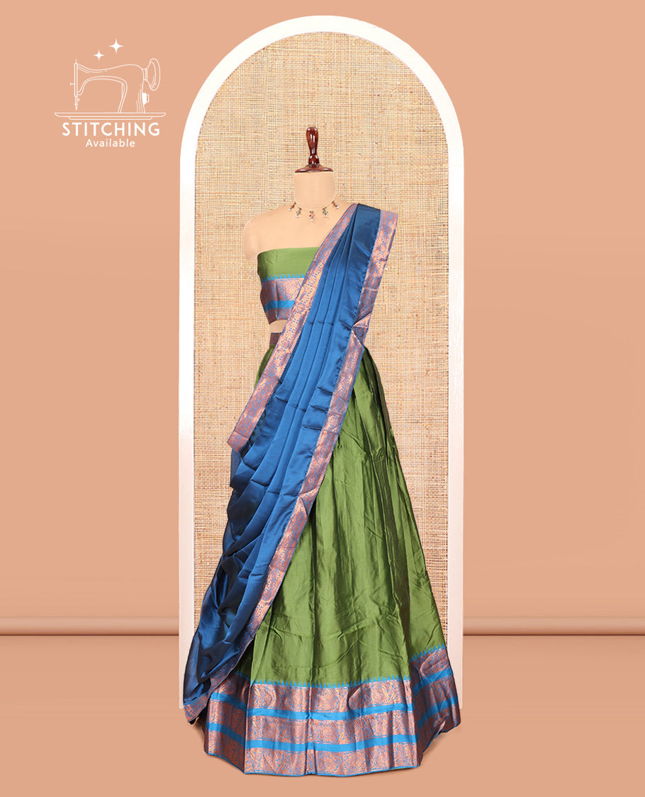 Green-Rama Blue Semi-Banarasi Half-Saree Features Plain Skirt, Contrast Floral Creeper Zari Border, Matching Blouse, Contrast Dhavani