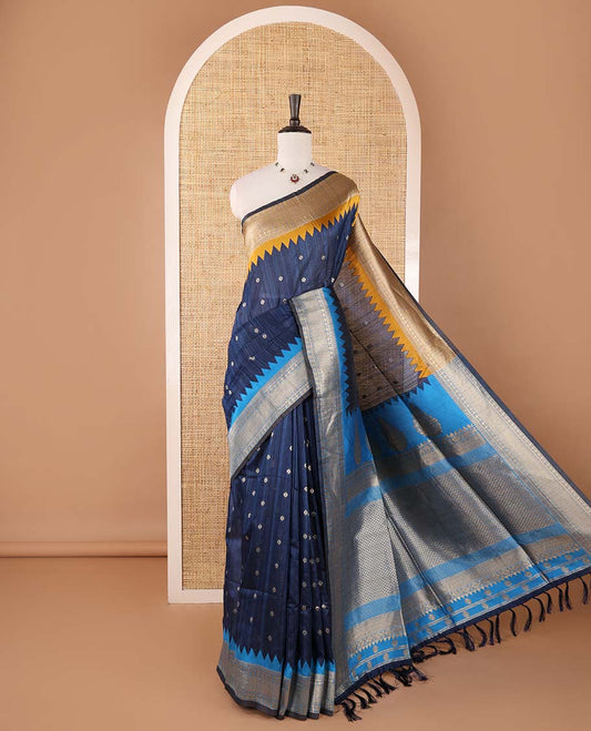 Blue buttas banarasi jute saree, contrast traditional zari ganga-jamuna-style satin thread border, intricate pallu & plain blue blouse