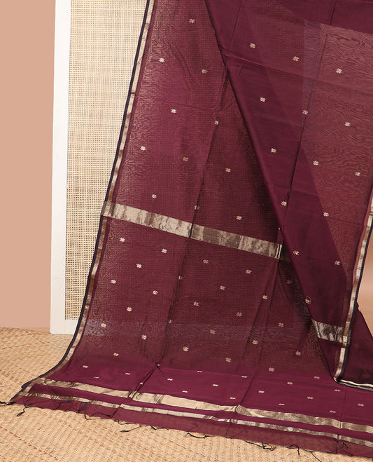 Maroon floral motifs maheshwari cotton saree with self zari design border & floral design pallu