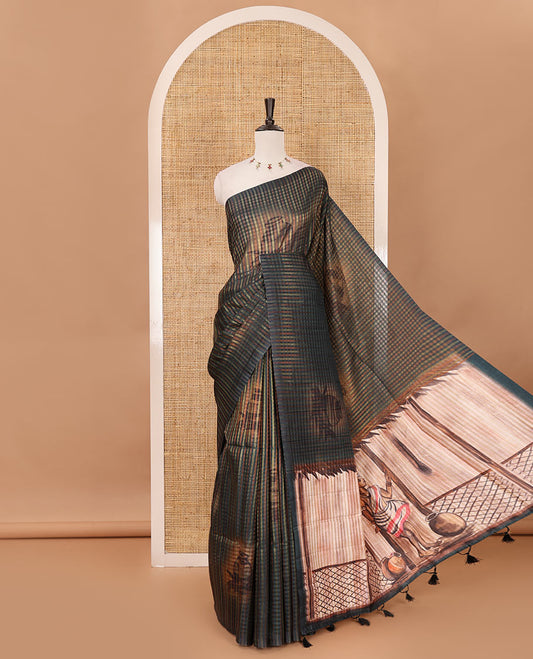 Borderless bottle green checked & clay pot motifs printed fancy tussar saree, contrast women with a pot printed pallu & pot printed blouse