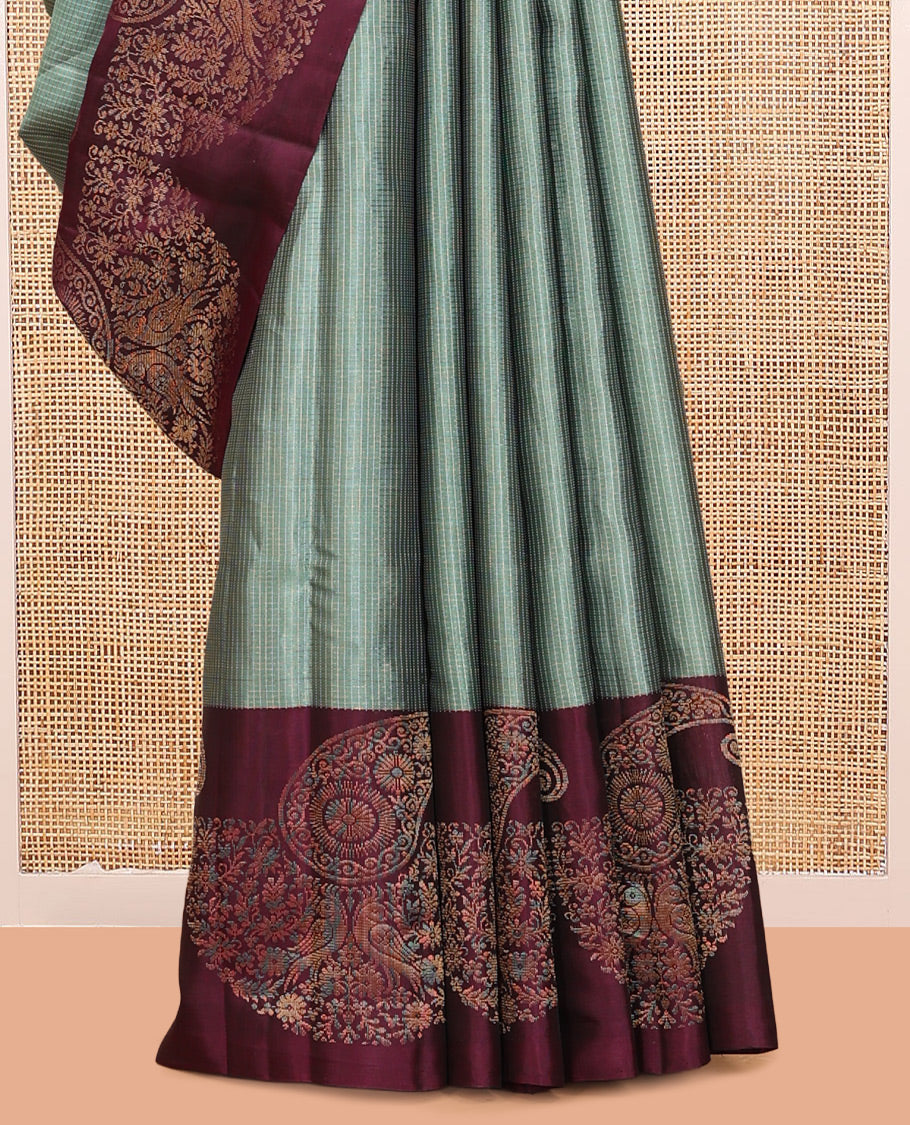 Green Checked Mayuri Lite Silk Mix Saree, Contrast-Uniquely Woven Zari Border, Grand Pallu, and a Contrast Blouse