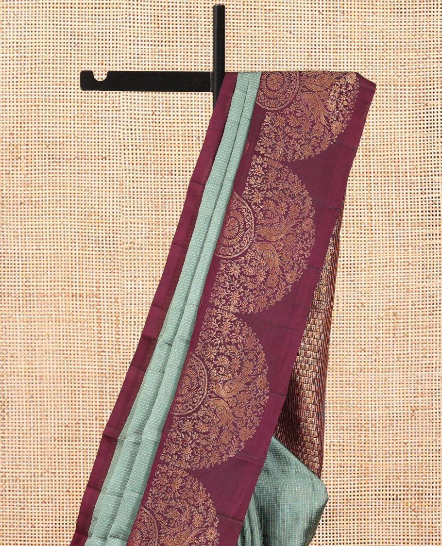 Green Checked Mayuri Lite Silk Mix Saree, Contrast-Uniquely Woven Zari Border, Grand Pallu, and a Contrast Blouse