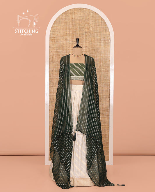 Cream-Green Semi-Banarasi Half-Saree Features Leheriya Striped Skirt, Contrast Leheriya Striped Blouse, Georgette Striped Dhavani