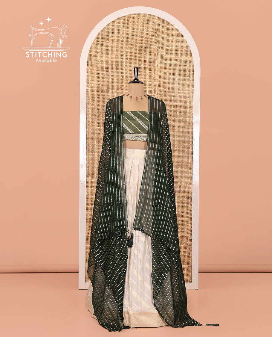 Cream-Green Semi-Banarasi Half-Saree Features Leheriya Striped Skirt, Contrast Leheriya Striped Blouse, Georgette Striped Dhavani
