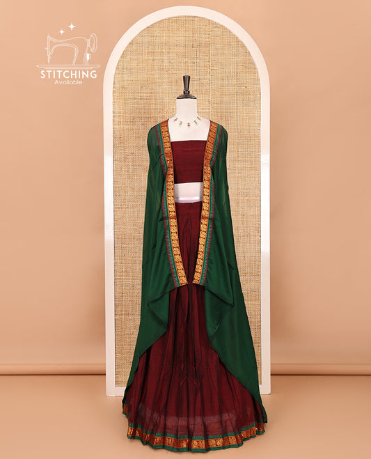 Maroon mercerized cotton half-saree, plain & contrast peacock motifs gold zari temple border skirt, matching blouse & temple zari border vichitra silk dhavani