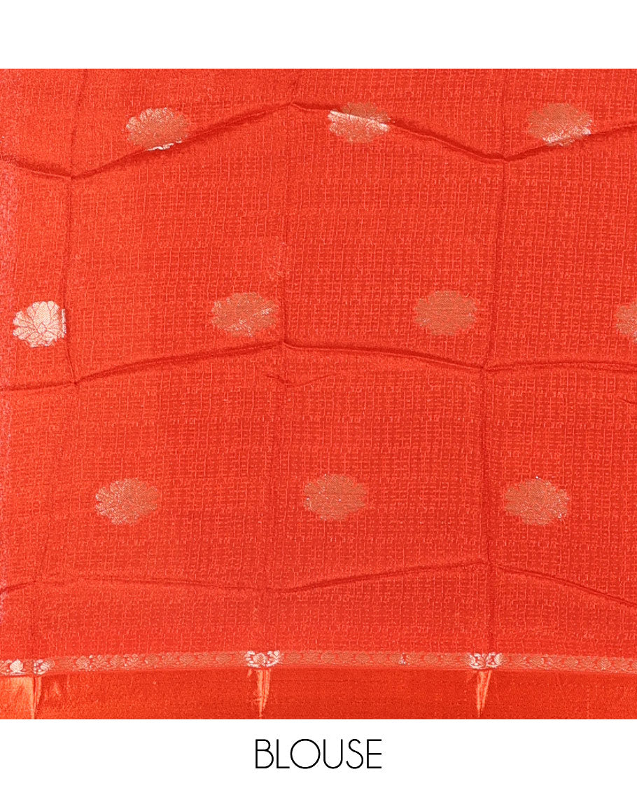 Orange floral zari buttas viscose khadi silk saree, traditional zari satin border, floral zari buttas woven pallu, and a matching zari design blouse