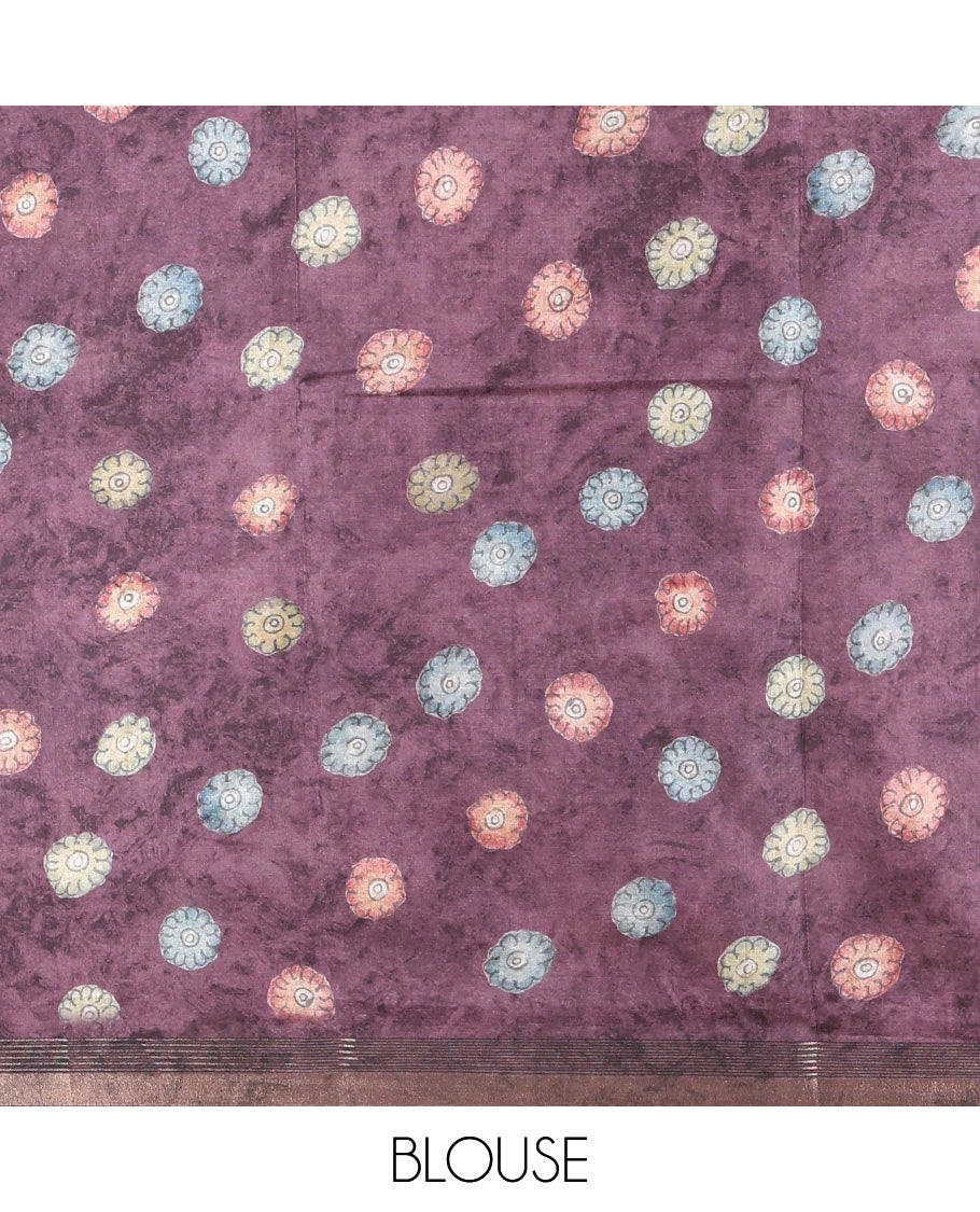 Violet-base multi-color kalamkari floral-vine and peacocks printed semi-tussar saree, gold zari piping border, kalamkari printed pallu, and contrast printed blouse