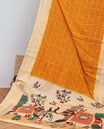 Orange checked design  mysore silk saree with contrast zari border & forest theme printed pallu
