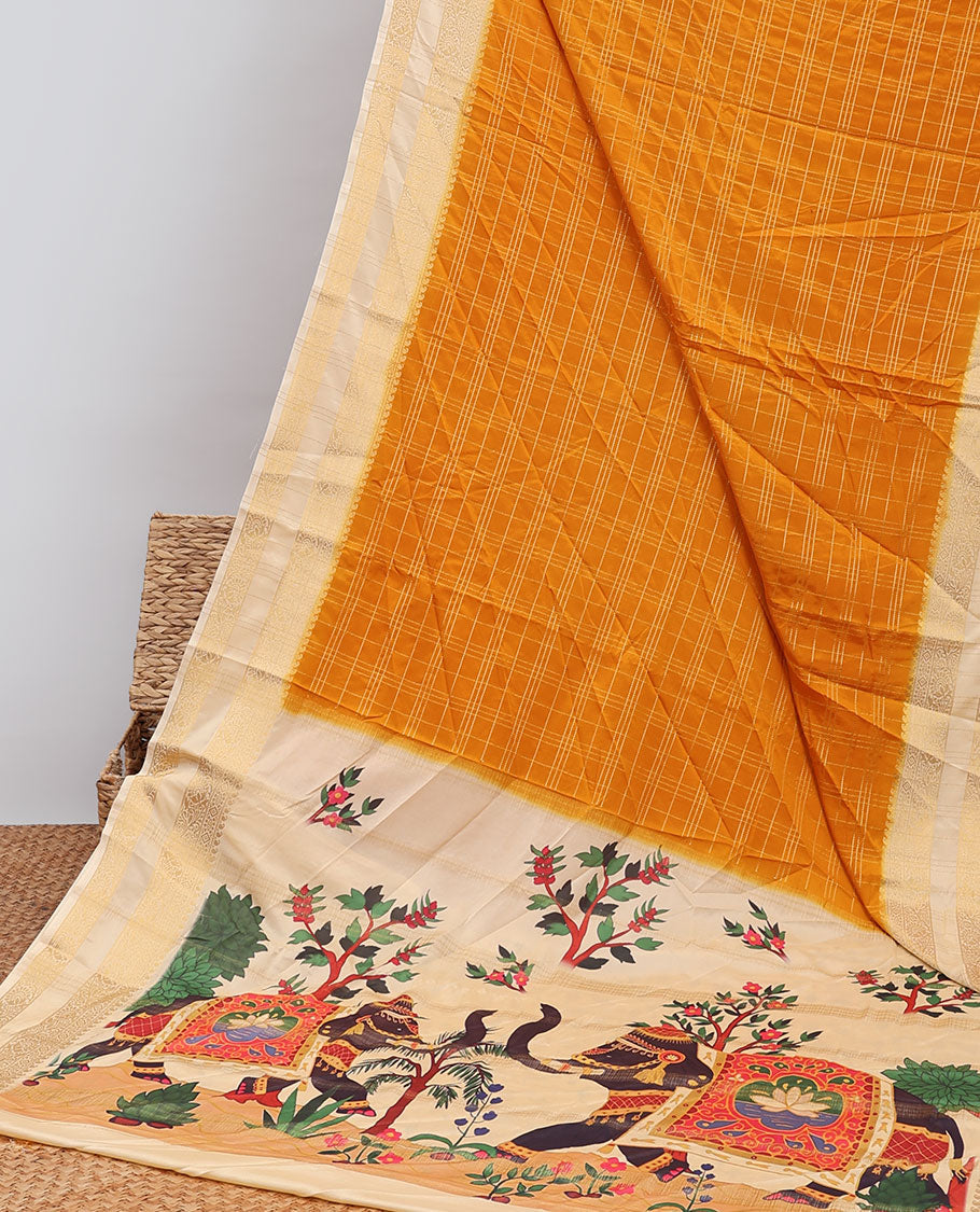 Orange checked design  mysore silk saree with contrast zari border & forest theme printed pallu