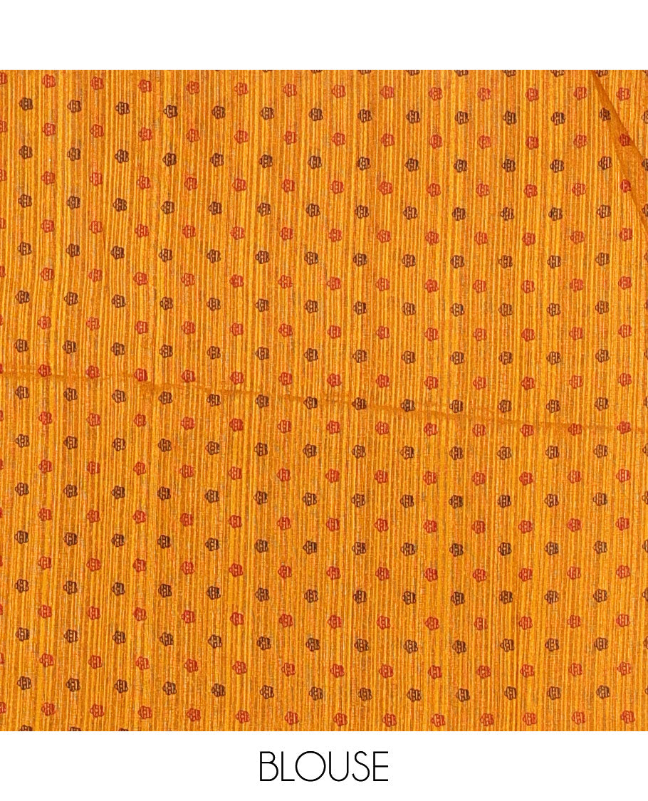 Mustard jamdani style floral vine design semi-jute silk saree, floral vine printed border, pallu, and blouse of small buttas print