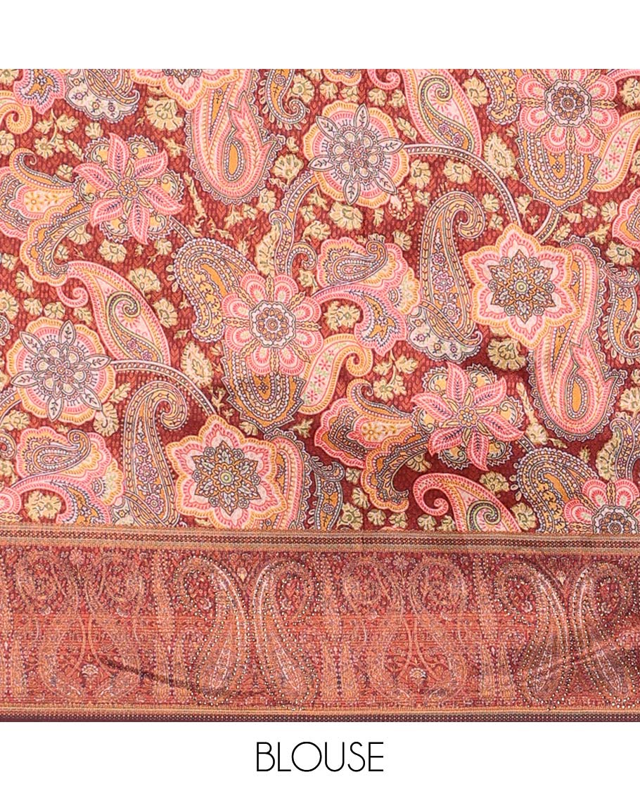 Red floral jacquard hald saree with contrast zari border , zari design blouse & floral embroidery dhavani