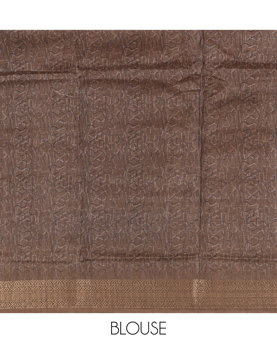 Chikku geometric printed semi-jute saree, contrast geometric zari border, Madhubani-style printed pallu, & brown blouse of print & zari work