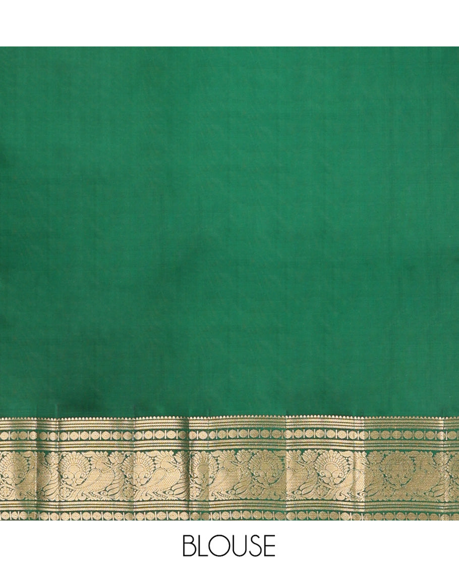 Reddish Pink Vasundhara Silk Saree, Majestically Detailed with Zari Buttas and Micro-Checks on Its Body, Highlighted by Zari Border of Rekku, Muthu, Banaras, Rudraksham, and Mayil Designs, Diagonally Striped Pallu, and Paired with a Contrast Blouse