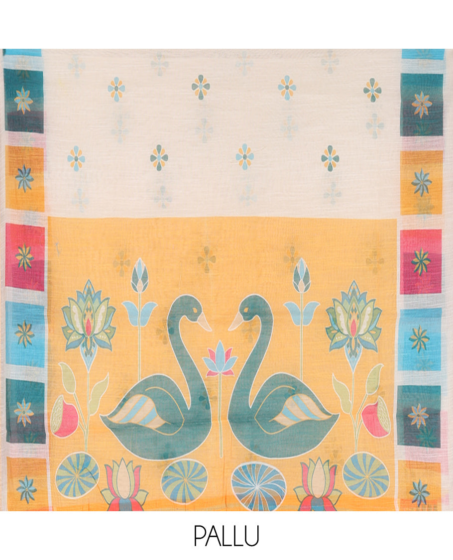 Cream-Yellow Linen Cotton Saree