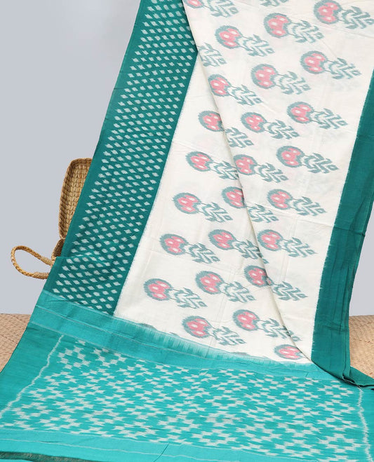 Cream floral motifs ikkat cotton saree with contrast plain border & geometric design pallu