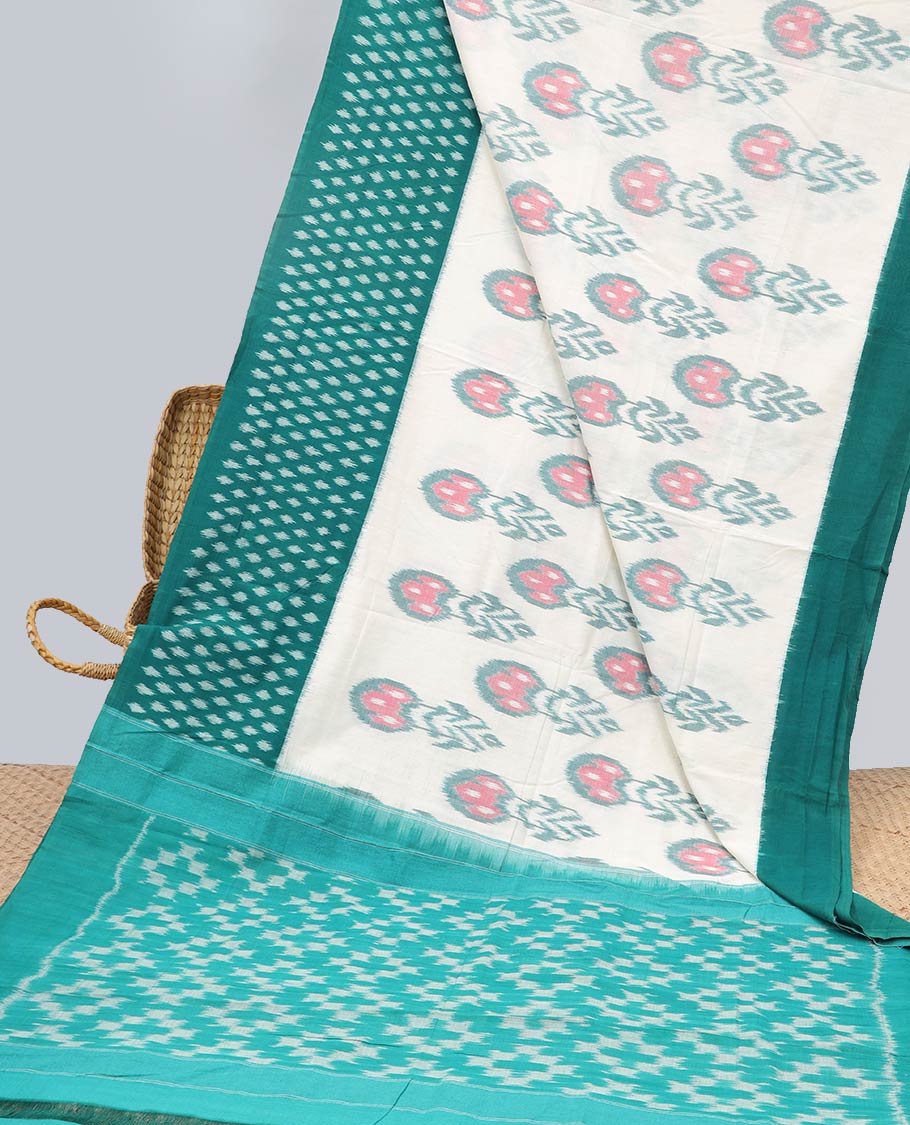 Cream floral motifs ikkat cotton saree with contrast plain border & geometric design pallu