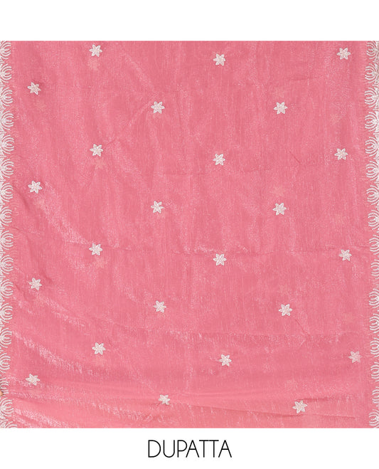 Pink Crunchy Chiffon Material Churidar Features Thread Embroidered-Stone Work Top, Plain Bottom, Embroidered Dupatta