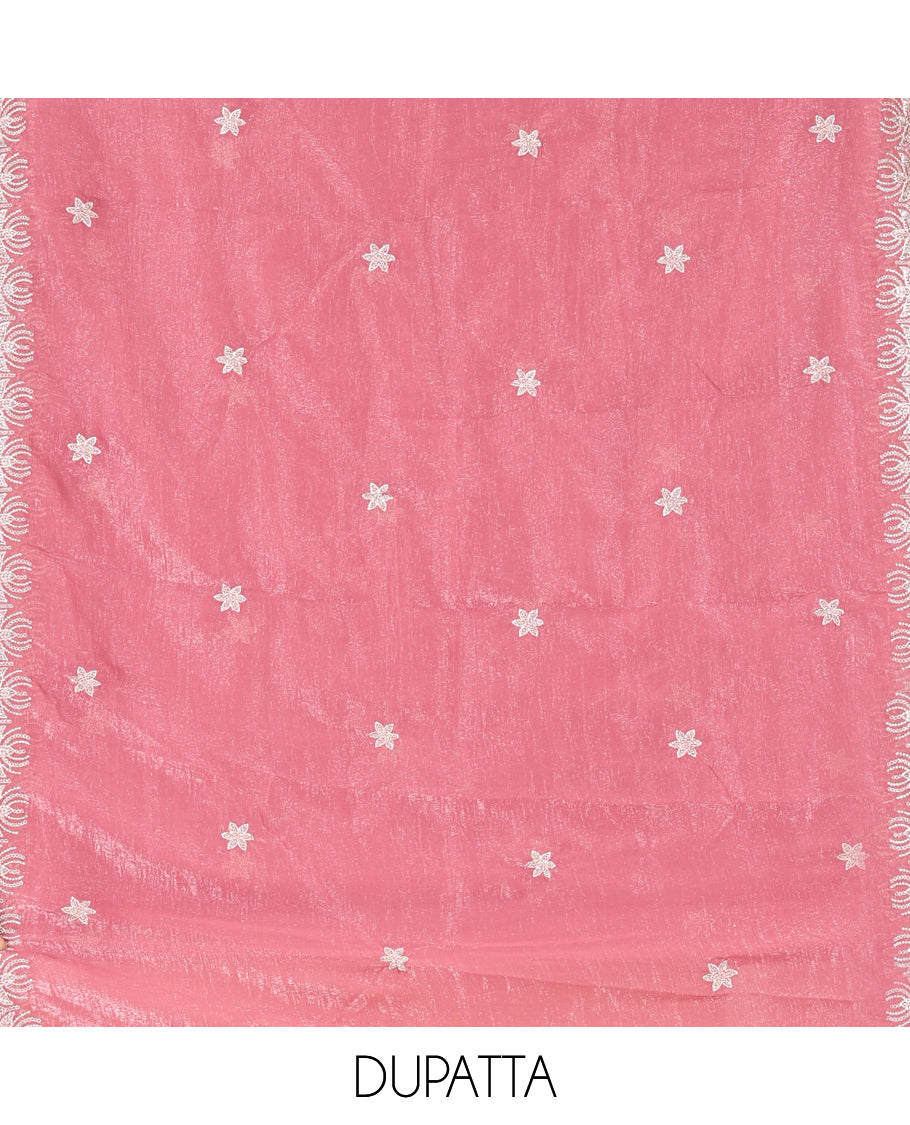 Pink Crunchy Chiffon Material Churidar Features Thread Embroidered-Stone Work Top, Plain Bottom, Embroidered Dupatta
