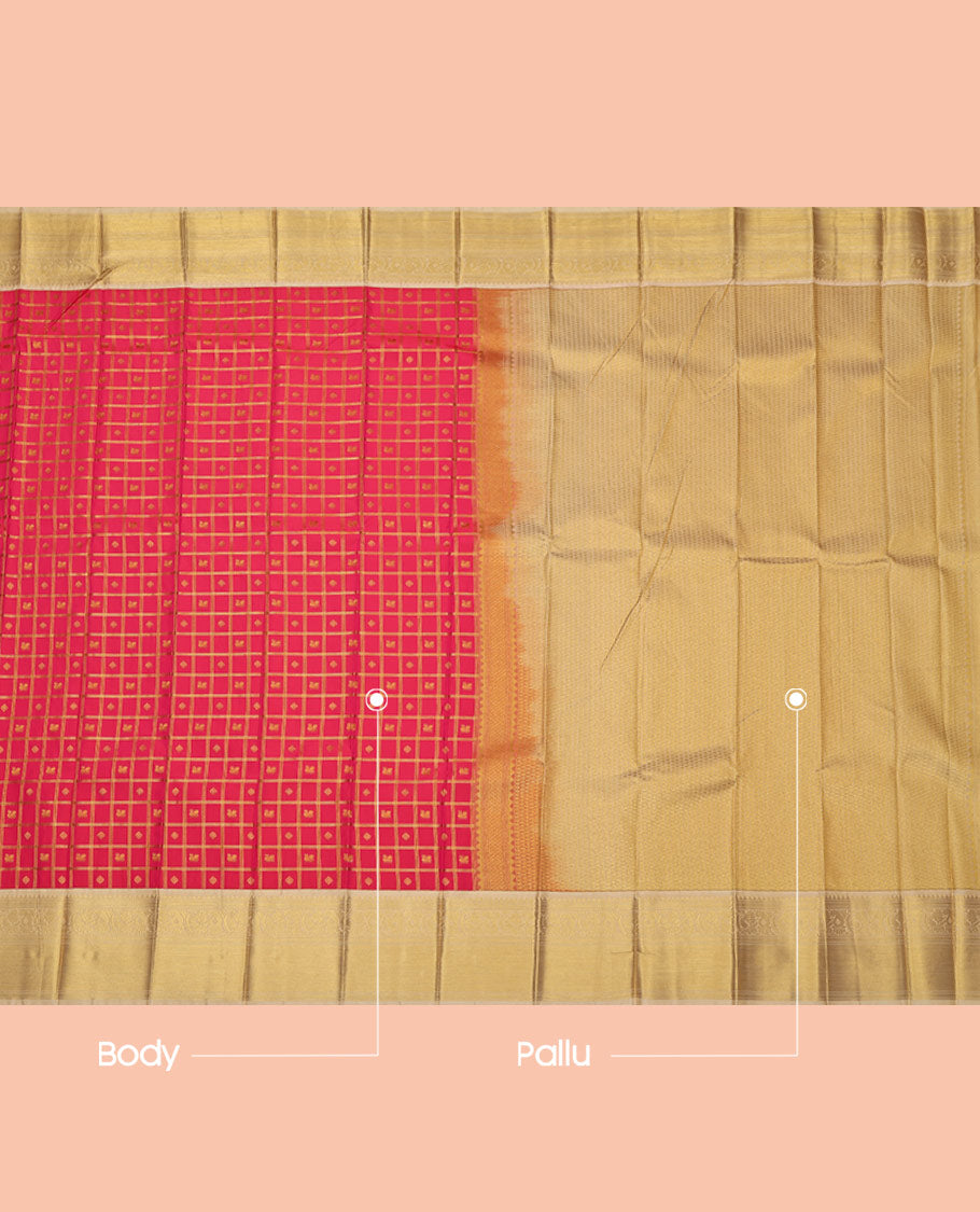 Pink Budget Silk Saree, Detailed with Zari Butta Enclosed Checks on Its Body, Complemented by a Contrast Traditional Zari Design Border, Grand Jaal Pallu, and Paired with a Contrast Blouse