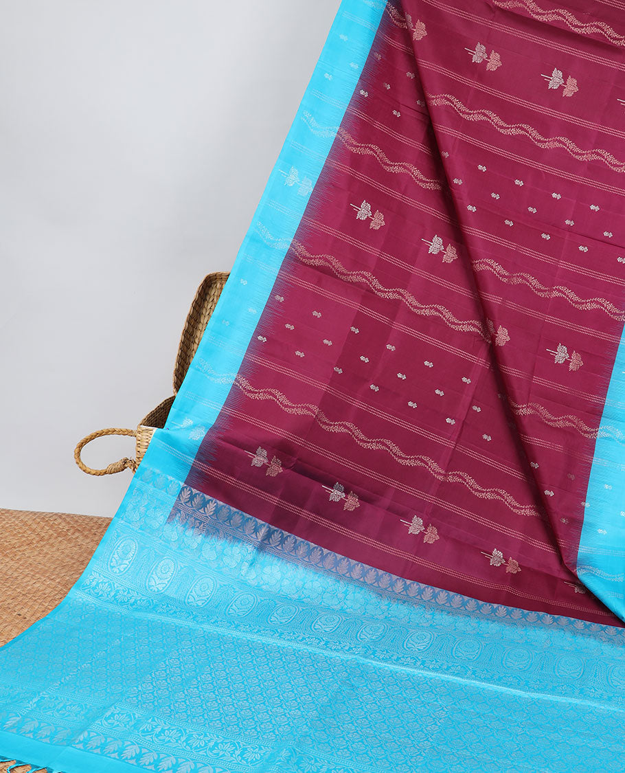 Purple striped, floral design soft silk saree with contrast zari border & traditional zari design pallu