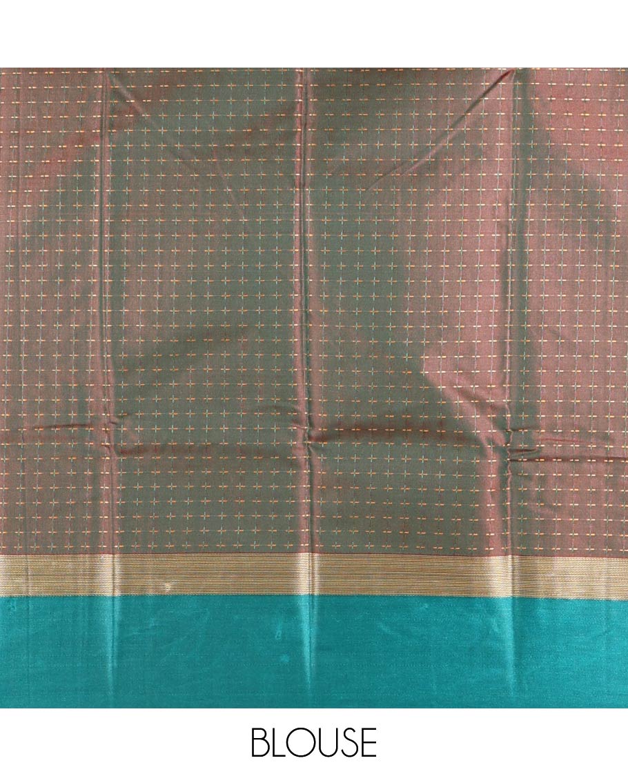 Pink thread plus buttas semi-soft silk saree, contrast striped satin border, striped pallu, and contrast plus buttas blouse