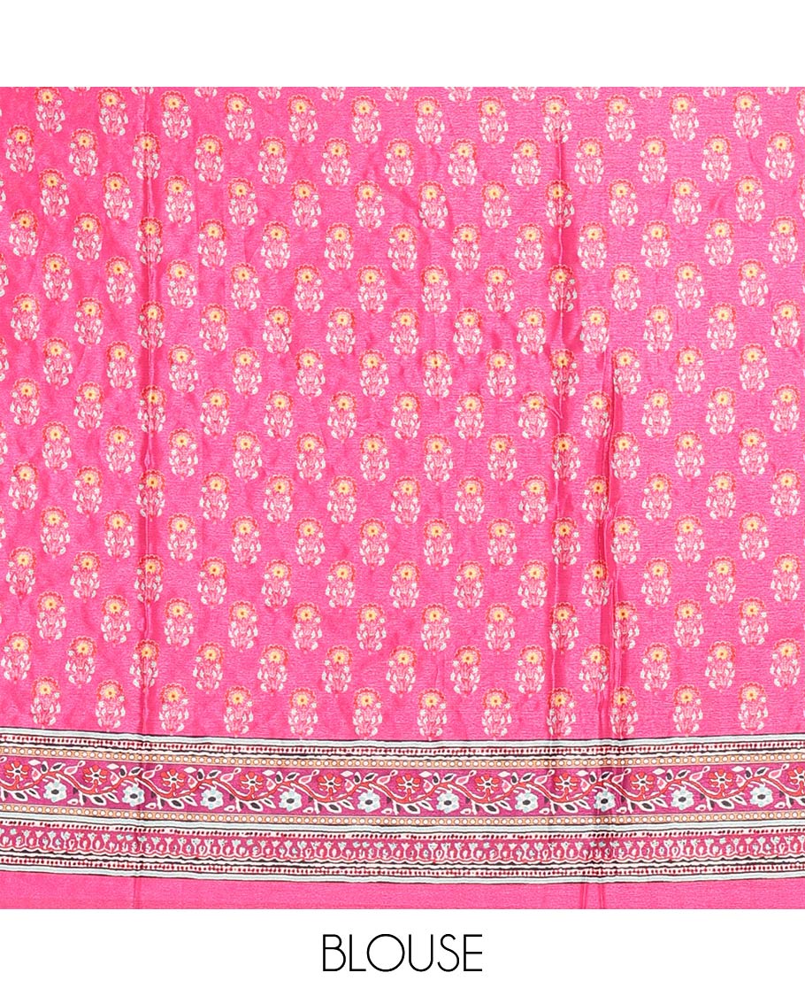 Pink ajrakh style printed with mirror work masakali saree, printed border, print and mirror work pallu, and matching blouse