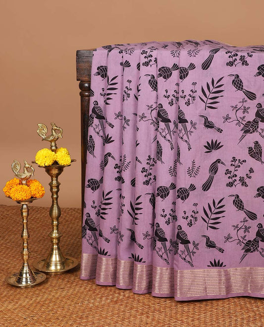 Purple birds printed assam silk saree with zari striped border & chit pallu along with butta printed blouse