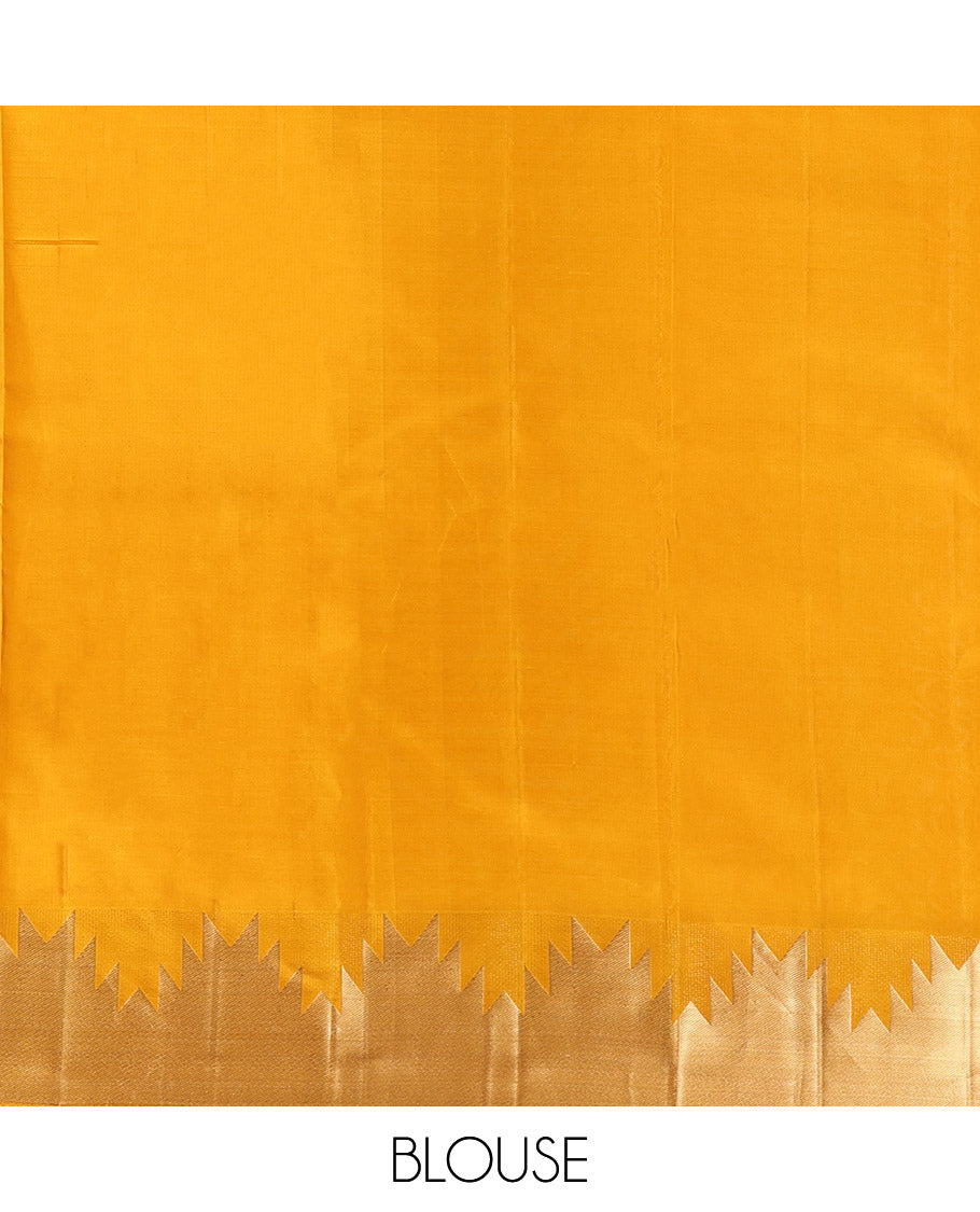 Yellow Plain Kanchipuram Silk Saree, Highlighted by a Zari Thazampoo Rekku Border, Diagonally Striped Pallu, and a Matching Blouse
