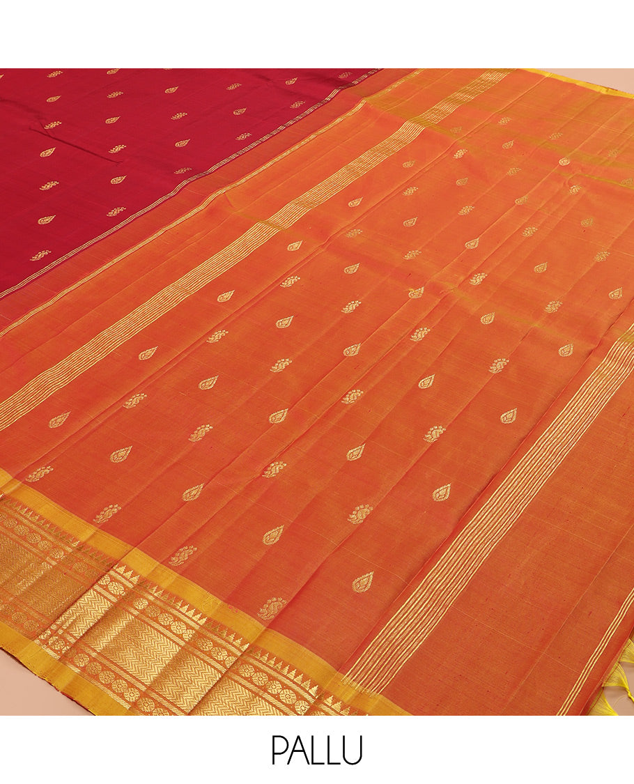 Red Kanchipuram Silk Saree, Woven with Zari Buttas, a Contrast One-Sided Border of Rekku, Banaras, and Vanki Designs, Zari Design Pallu, and No Blouse