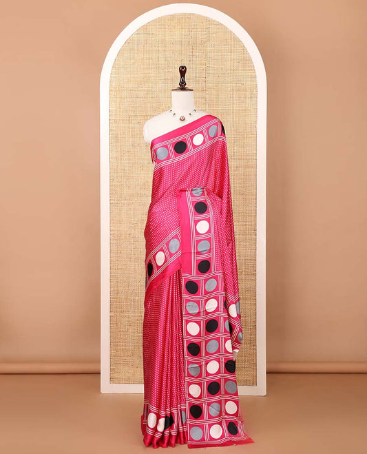 Rani pink small polka dots printed gajji silk saree with self-border & pallu printed with a dot enclosed checks, blouse with intricate motif print