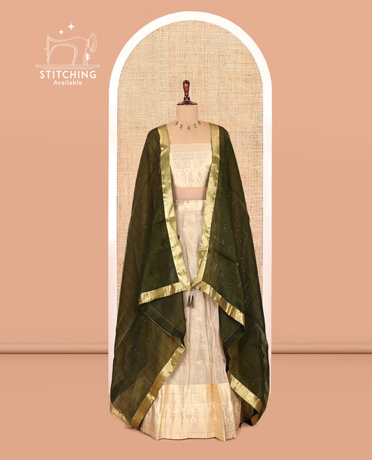 Chikku-Green Banaras Kota Half-Saree, Zari Buttas Skirt, Traditional Border, Matching Blouse, Contrast Organza Sequins Dhavani