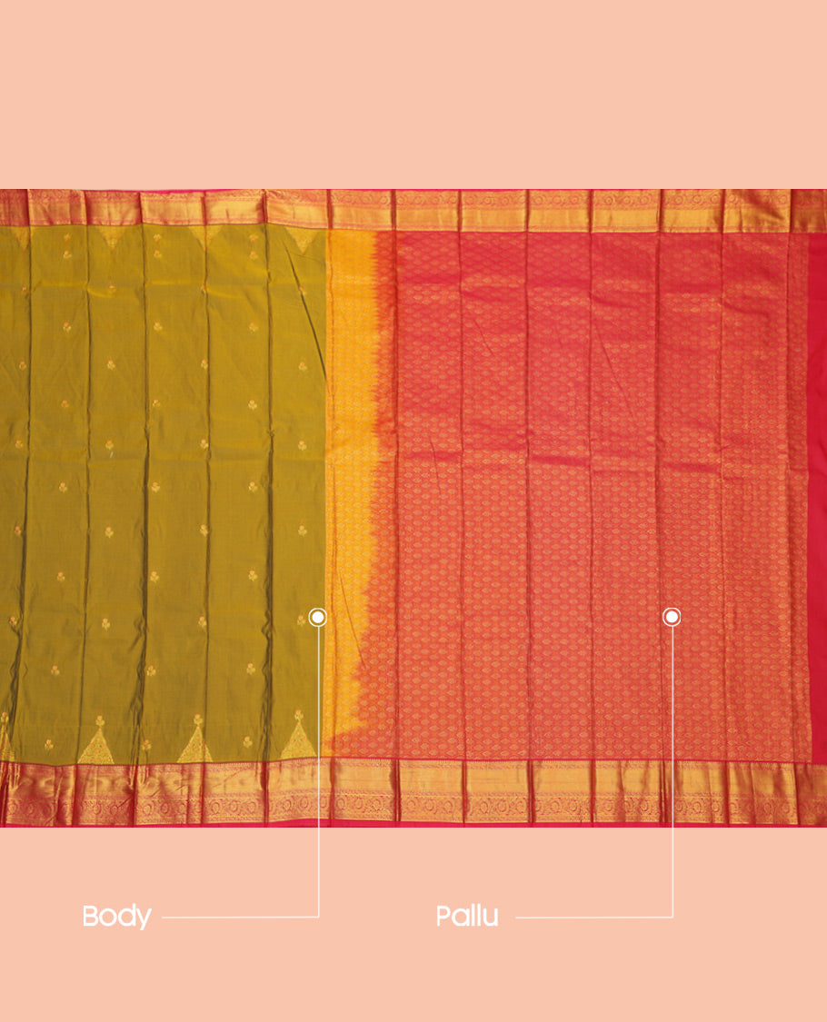 Green Budget Silk Saree, Graced with Zari Buttas, a Contrast Traditional Zari Border, Grand Pallu, and a Contrast Blouse