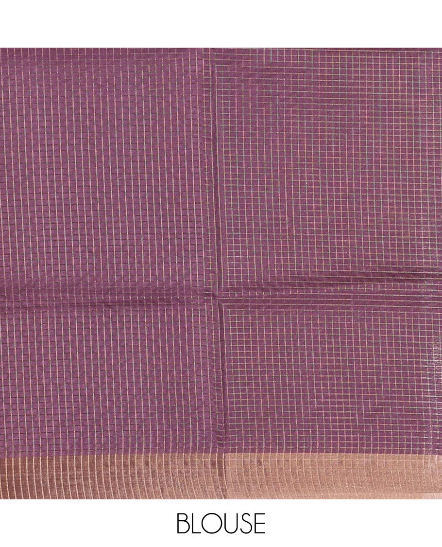 Purple zari checked & Pichwai Lotus digital printed semi-tussar saree, gold zari bavanji border & matching zari checked blouse